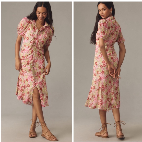 Anthropologie Dresses & Skirts - Anthropologie Puff Sleeve Ruched Mesh Midi Shirt Dress New With Tags
